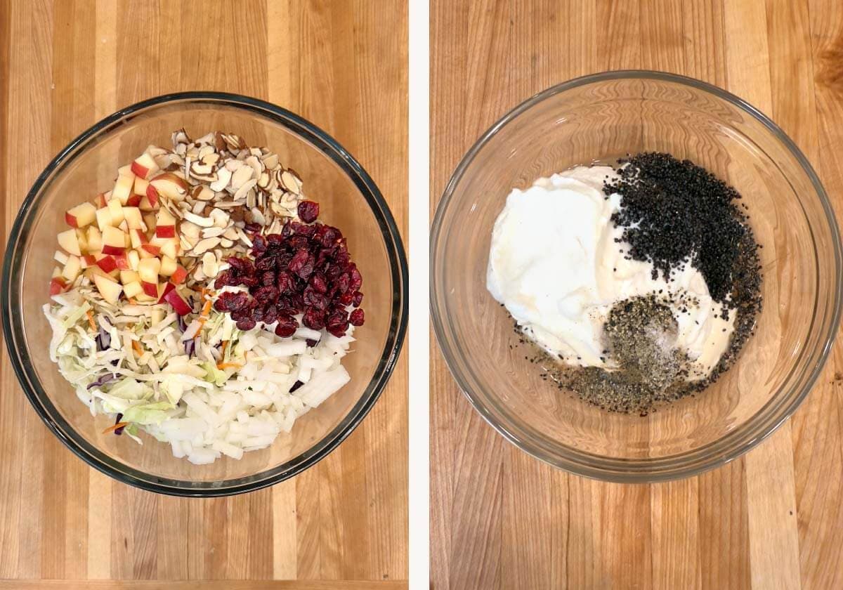 salad ingredients in glass bowl, dressing ingredients in a separate glass bowl before mixing