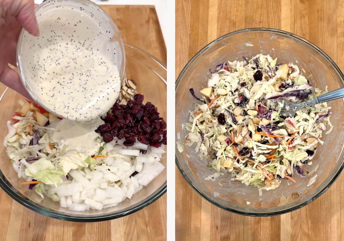 Pouring dressing over coleslaw, finished coleslaw in glass bowl