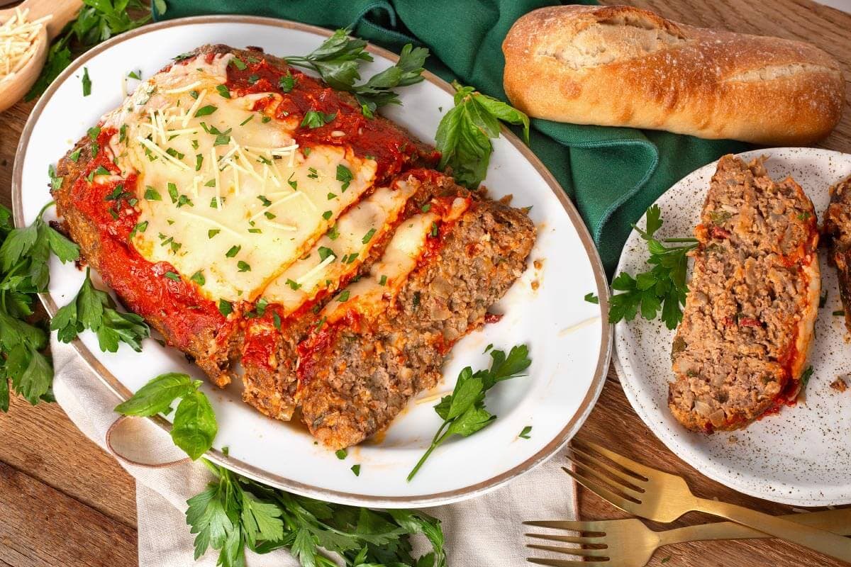 meatloaf from above with a slice on a plate