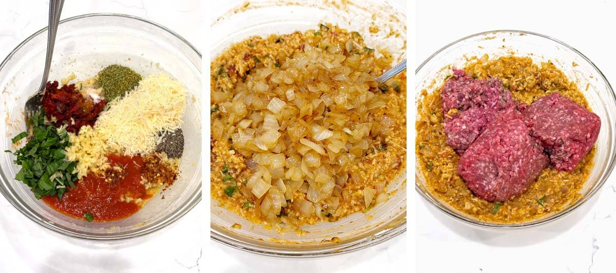 spices and remaining ingredients in breadcrumbs, onion added, ground beef added
