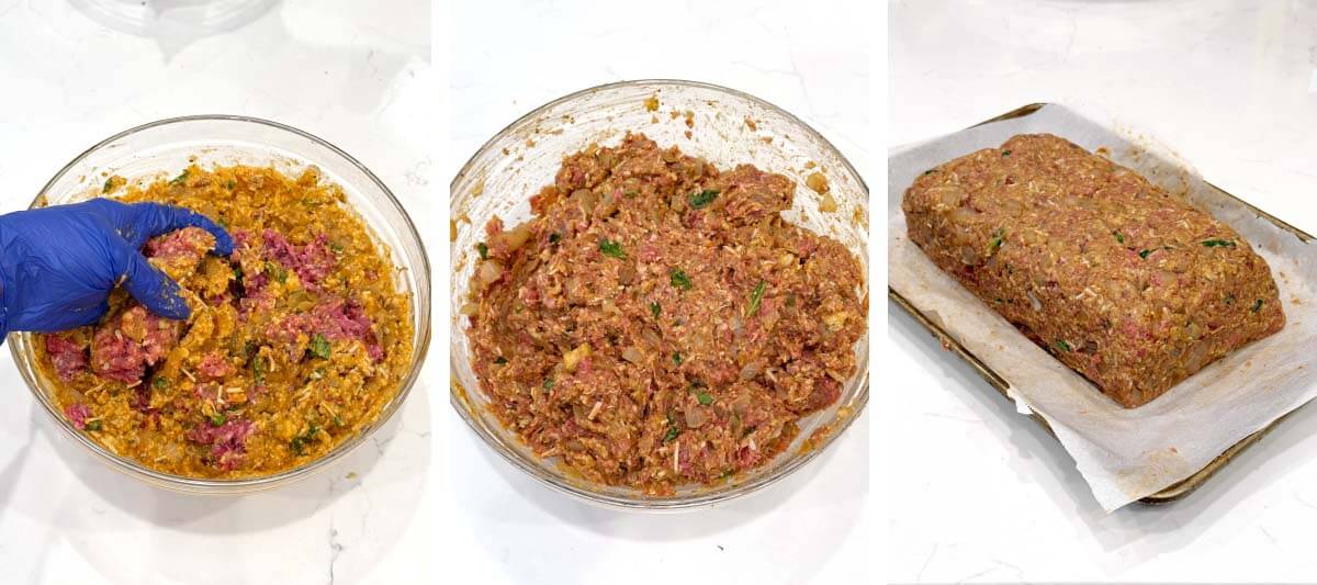 hand mixing meatloaf ingredients, mixed mixture in bowl, meatloaf formed on baking sheet lined with parchment