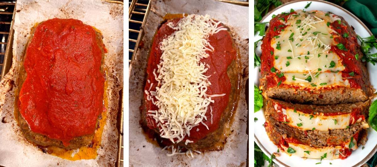 marinara over partially cooked meatloaf, mozarella on top of meatloaf before melting, completed meatloaf from above