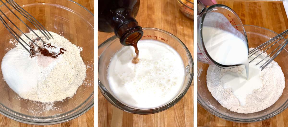 mixing dry ingredients, adding vanilla to milk, pouring milk into dry ingredients