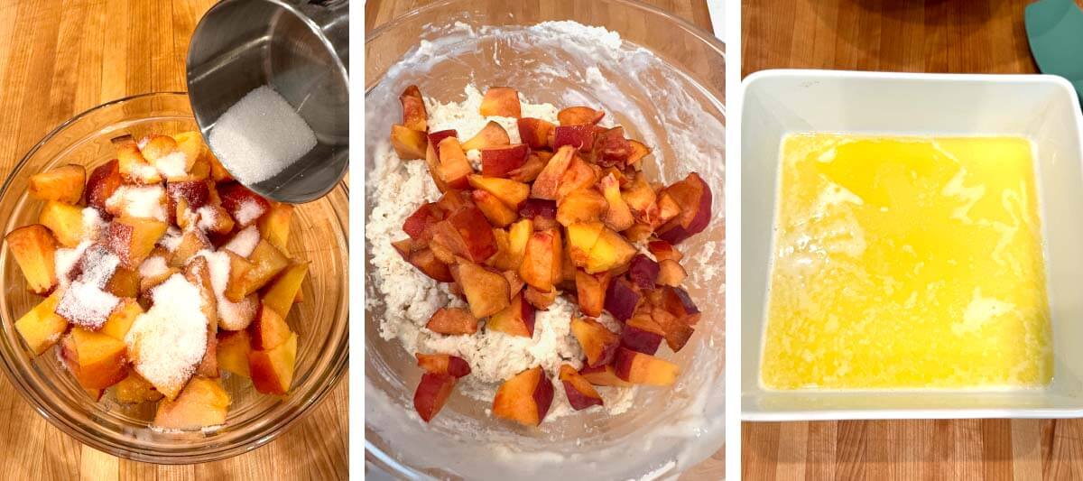 adding sugar to cut peaches, peaches added to dough, melted butter in baking dish