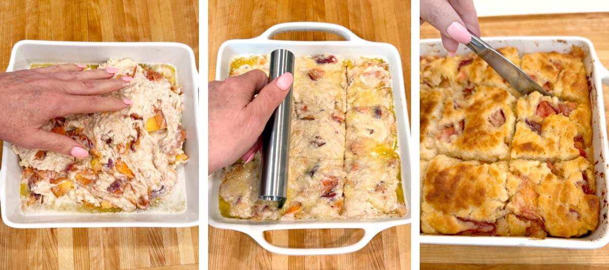 spreading dough in baking dish with hand, cutting dough with bench scraper, cutting baked biscuits with knife