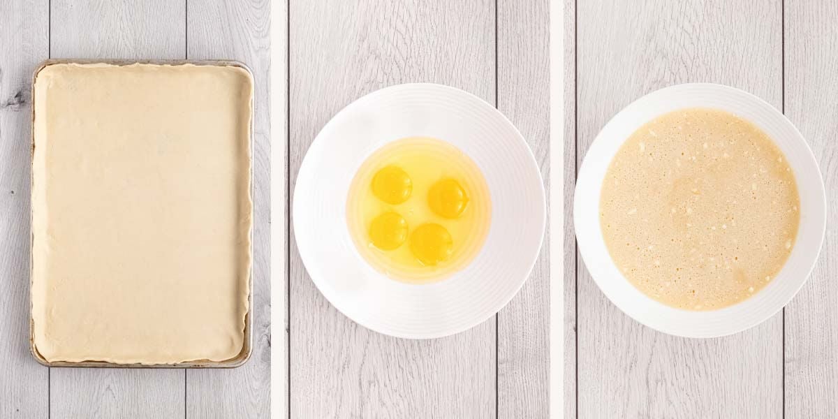 pie crust in sheet pan, 4 eggs cracked in bowl, filling mixture without nuts or pretzels in bowl