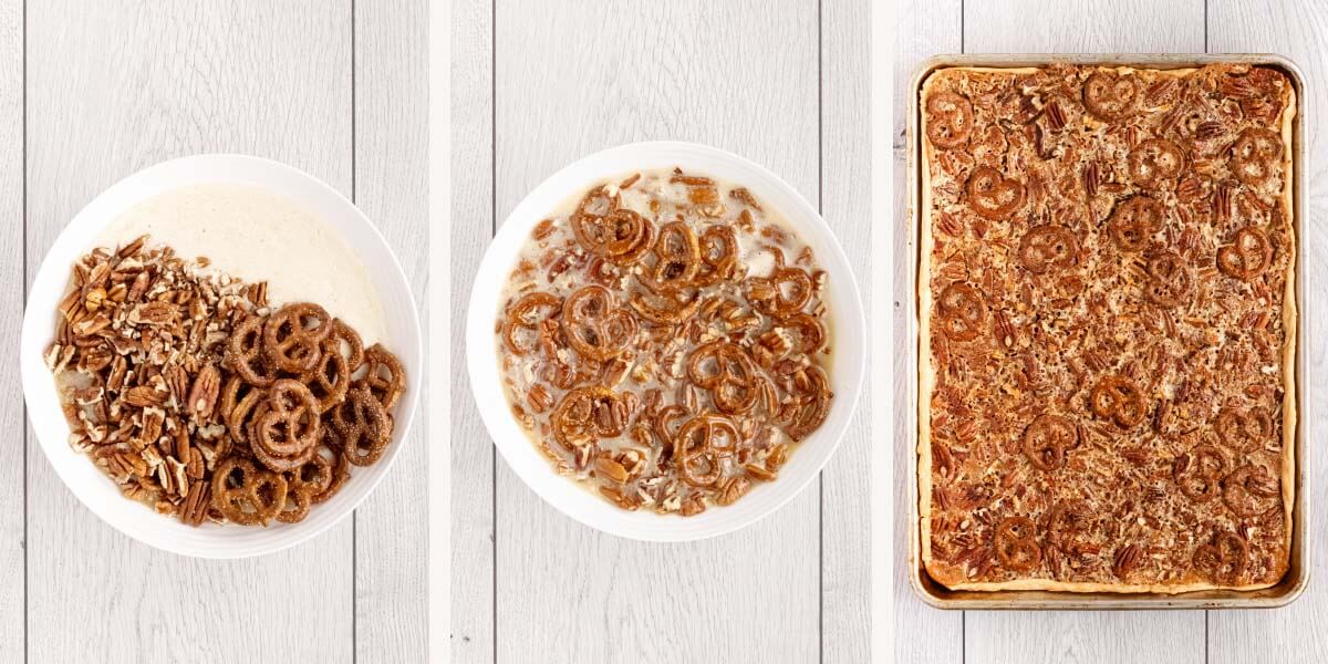 nuts and pretzels add to bowl with filling, filling mixture mixed in bowl, cooked pecan slab pie uncut