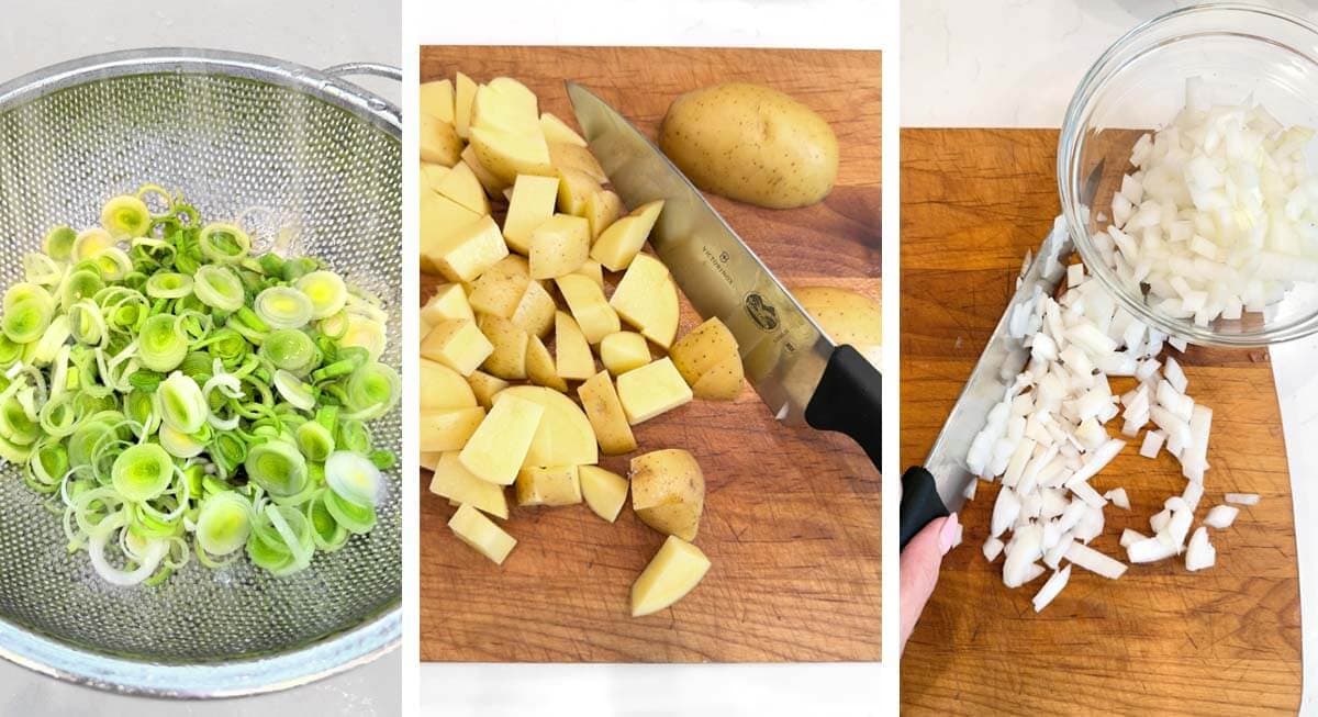 wash leeks, chop potatoes, chop onion