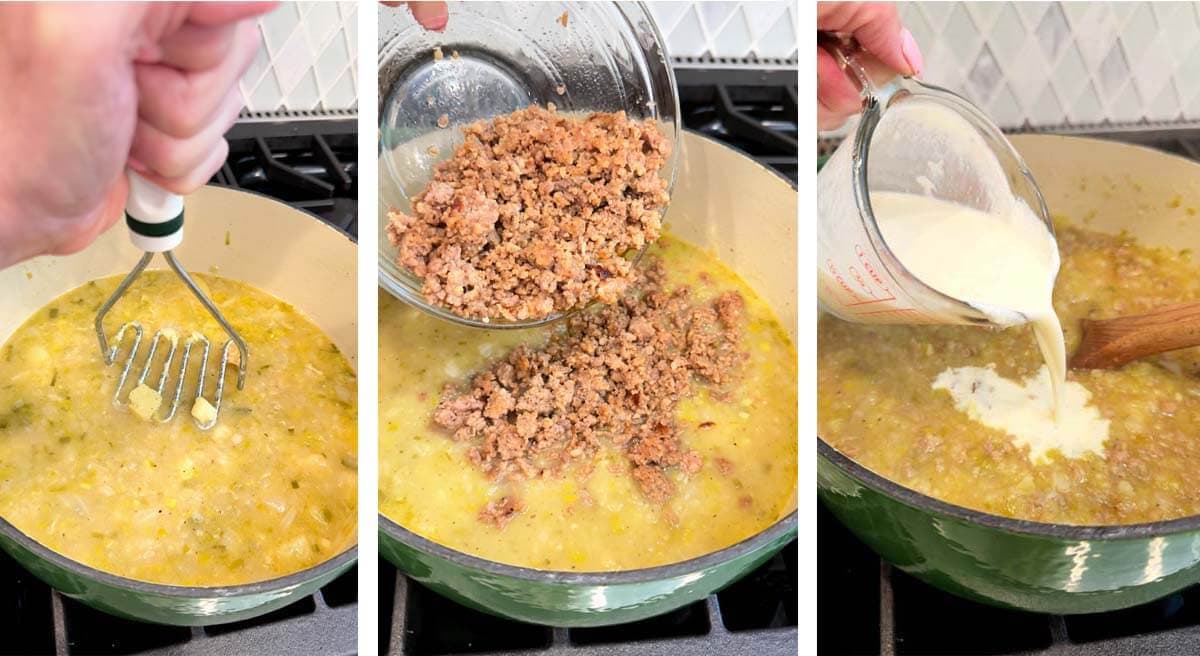 mashing potatoes in pot, adding sausage in, pouring cream in.