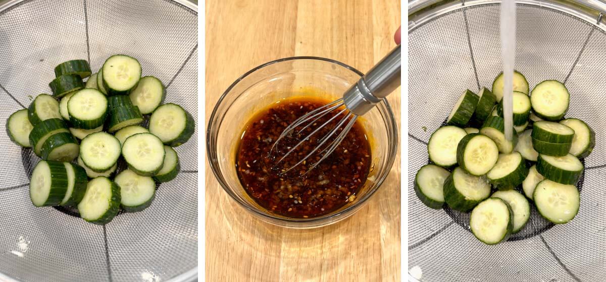 salted cucumbers in colander, whisking dressing in bowl, rinsing off salted cucumbers