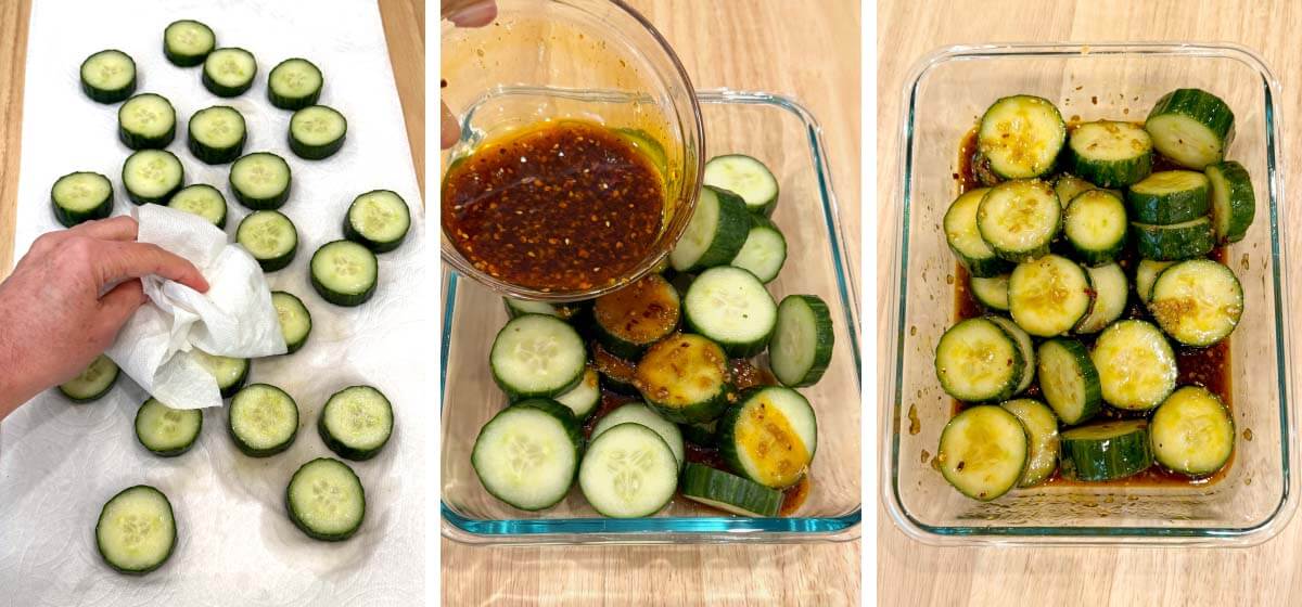 drying off rinsed cucumber rounds, pouring dressing over cucumbers in dish, cucumbers soaking in dressing