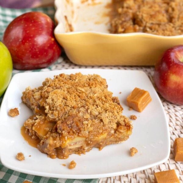 Caramel Apple Crumble Bars with tender apples, caramel, and oat crumble topping
