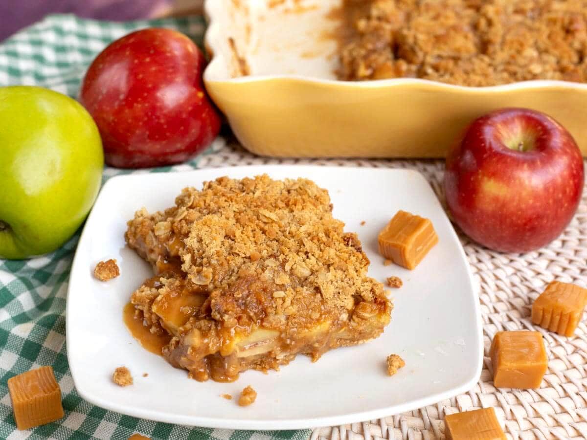 Caramel Apple Crumble Bars with tender apples, caramel, and oat crumble topping