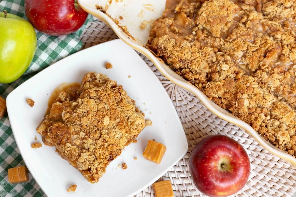 Caramel Apple Crumble Bars with tender apples, caramel, and oat crumble topping