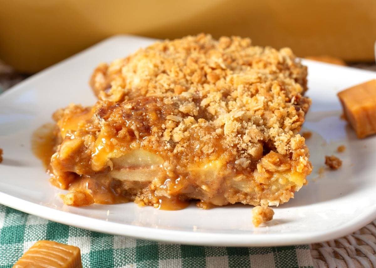 Caramel Apple Crumble Bars with tender apples, caramel, and oat crumble topping