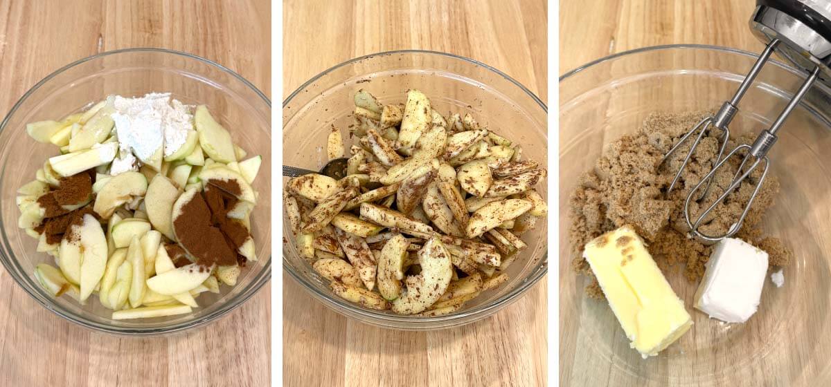 Sliced apples being seasoned for caramel apple crumble bars