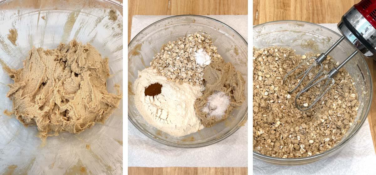 Oat crumble mixture being prepared in a mixing bowl