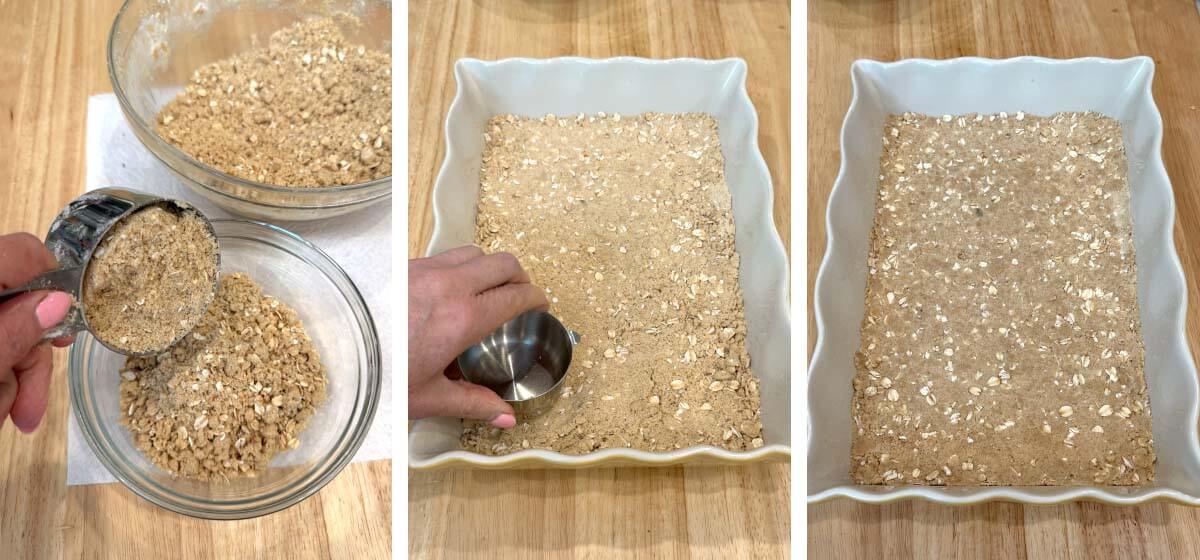 Oat crust being pressed into a 13x9-inch baking dish