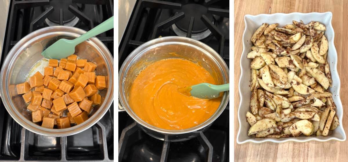 Caramel melting in a saucepan and apples layered over the crust