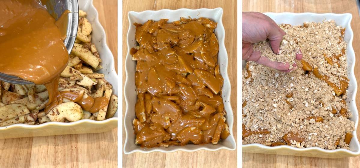 Caramel poured over apples and topped with oat crumble