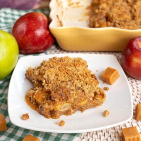 Caramel Apple Crumble Bars with tender apples, caramel, and oat crumble topping