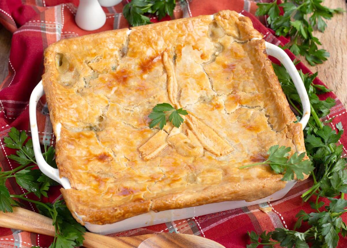 chicken pot pie in white baking dish
