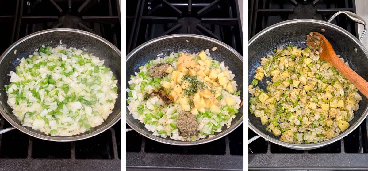 Sauté vegetables and seasonings, 