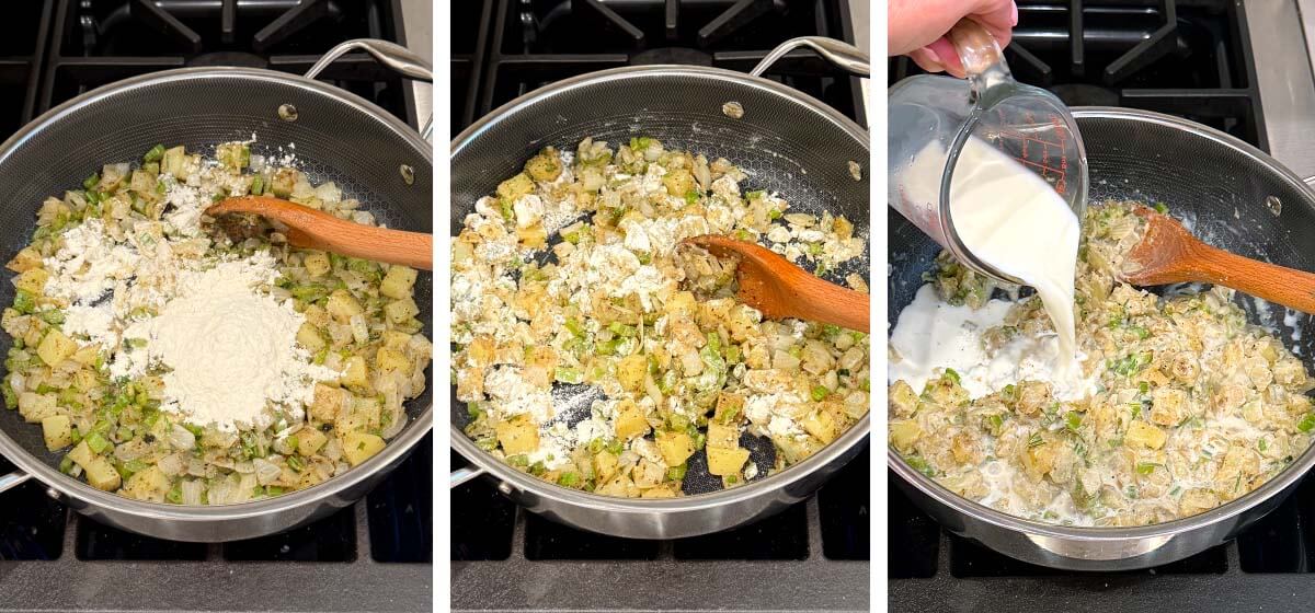 add flour and cook, stir in milk