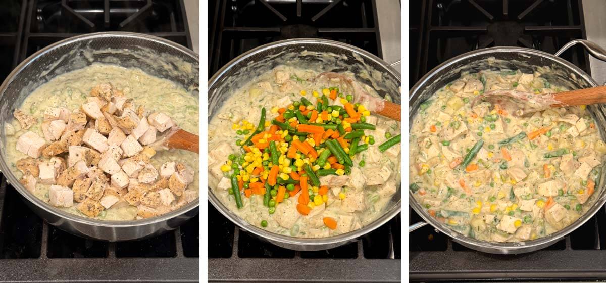 add chicken and frozen mixed veggies, stir and let cool