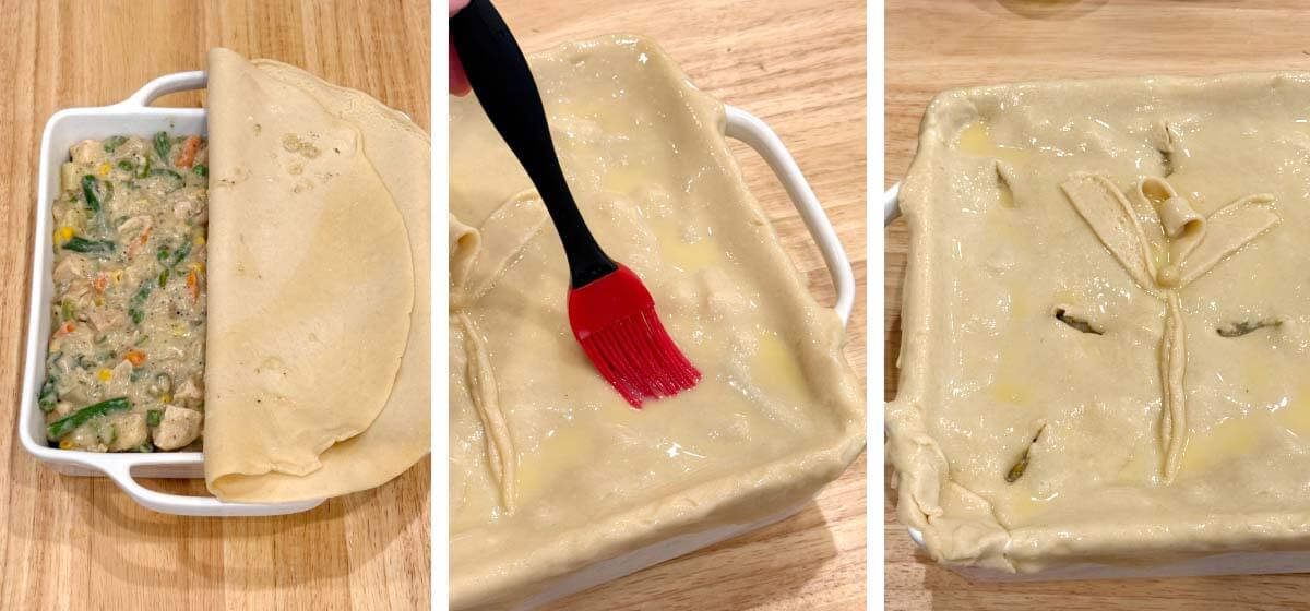 pour filling into dish, with or without bottom crust, add top crust with egg wash and bake