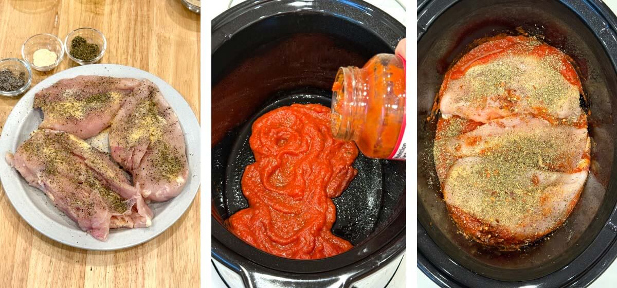 seasoned raw chicken breasts, pouring marinara in crock, chicken added to crockpot