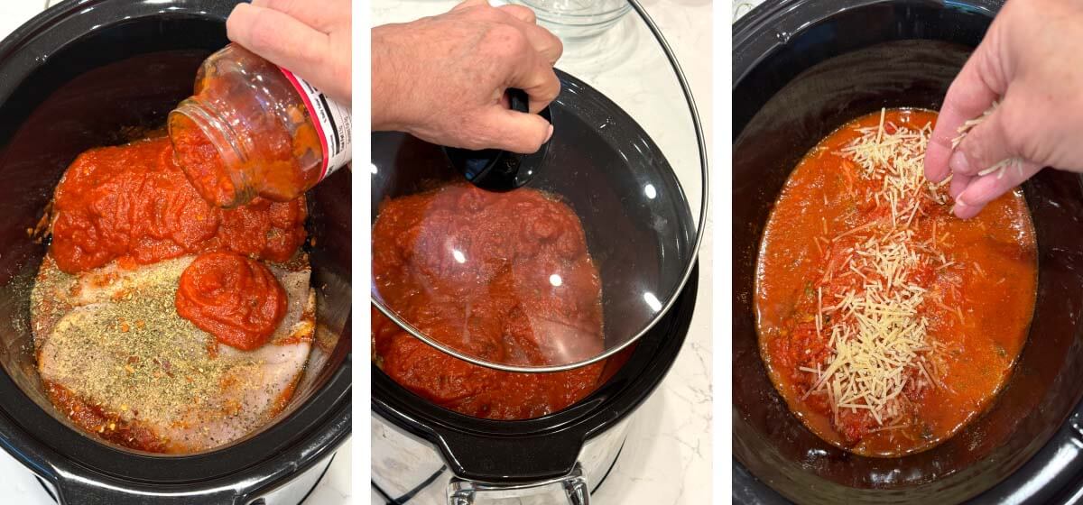 pouring marinara on chicken, placing lid on crock, sprinkling parmesan on chicken