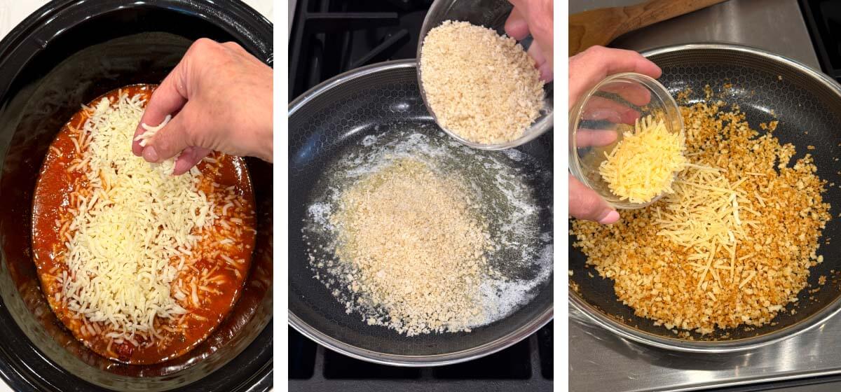 sprinkling mozzarella on chicken, adding panko to skillet, adding parmesan to browned panko