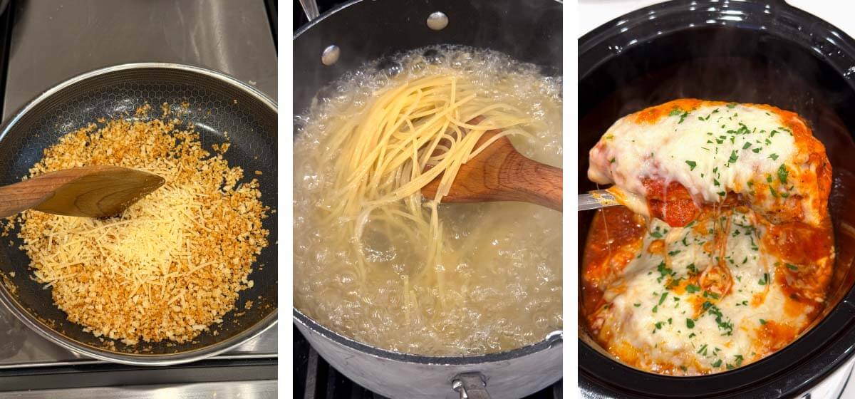 stirring parmesan into panko, spaghetti boiling in pot, serving of chicken parmesan on spoon above crockpot