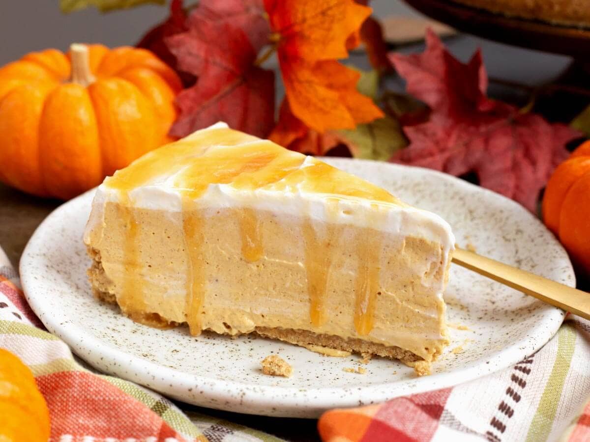 No Bake Pumpkin Cheesecake slice on a plate