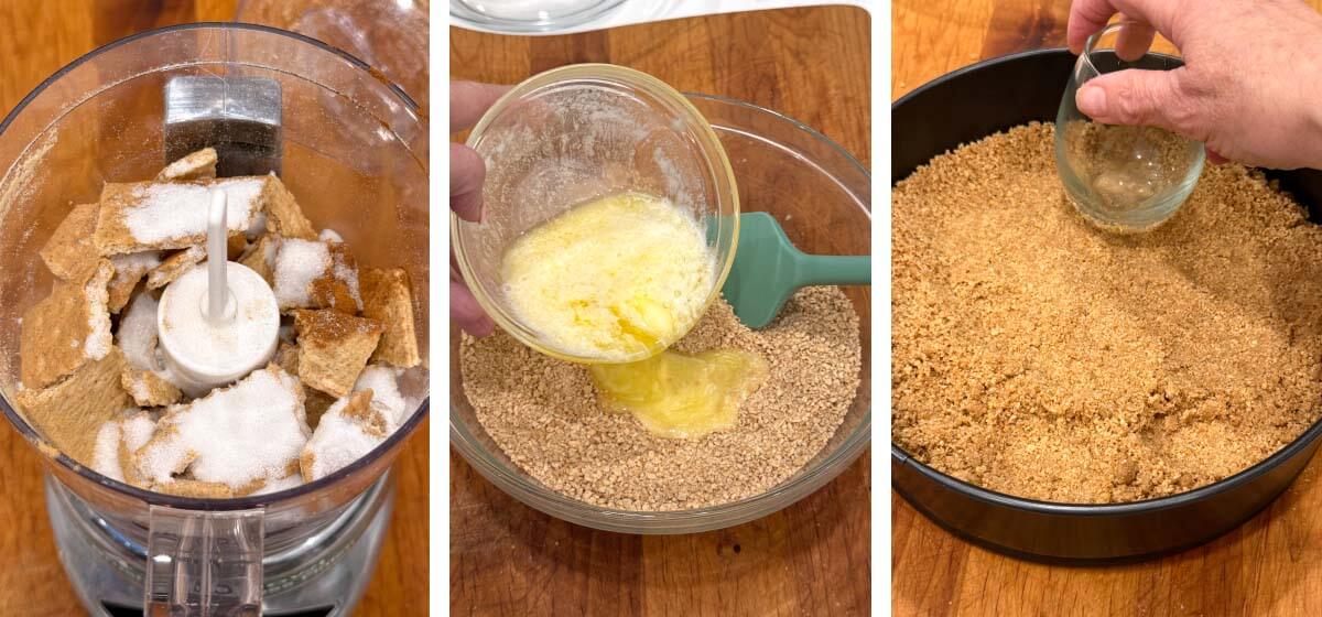 graham crackers and sugar & spices in food processor, adding butter to crumbs, pressing crumbs into pan with a glass
