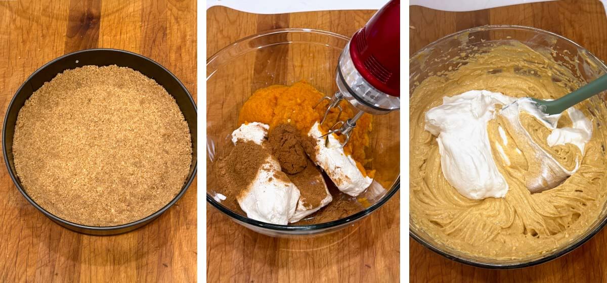 completed graham cracker crust in pan, cheesecake filling ingredients in bowl with hand mixer, whipped topping added to filling