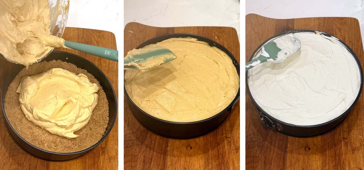 pouring cheesecake filling into graham cracker crust, leveling out the filling with spatula, whipped topping added and being leveled