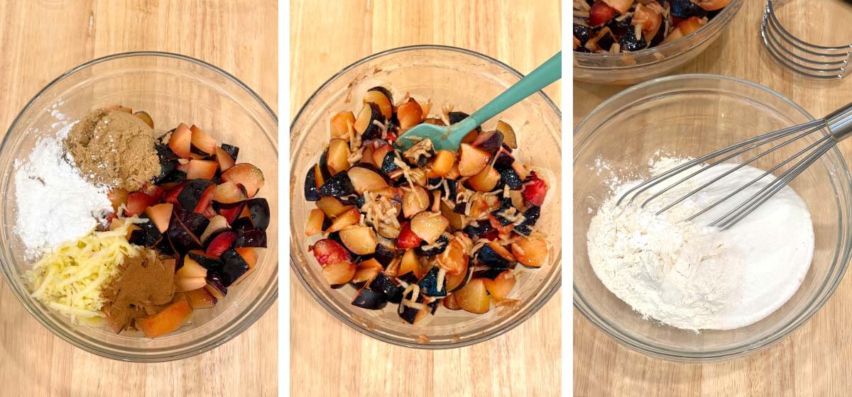 chopped plums in bowl with sugar and spices, brandy, cornstarch, apple, vanilla, mixture stirred, whisking dry biscuit topping ingredients