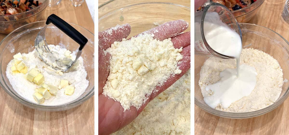 cutting butter into the dry ingredients, hand with biscuit topping before adding liquid, adding the buttermilk to dry ingredients with butter cut in