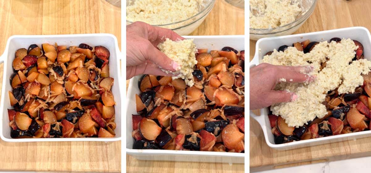 plum mixture added to baking dish, hand placing biscuit topping dough onto plum mixture. hand adding remaining biscuit topping dough