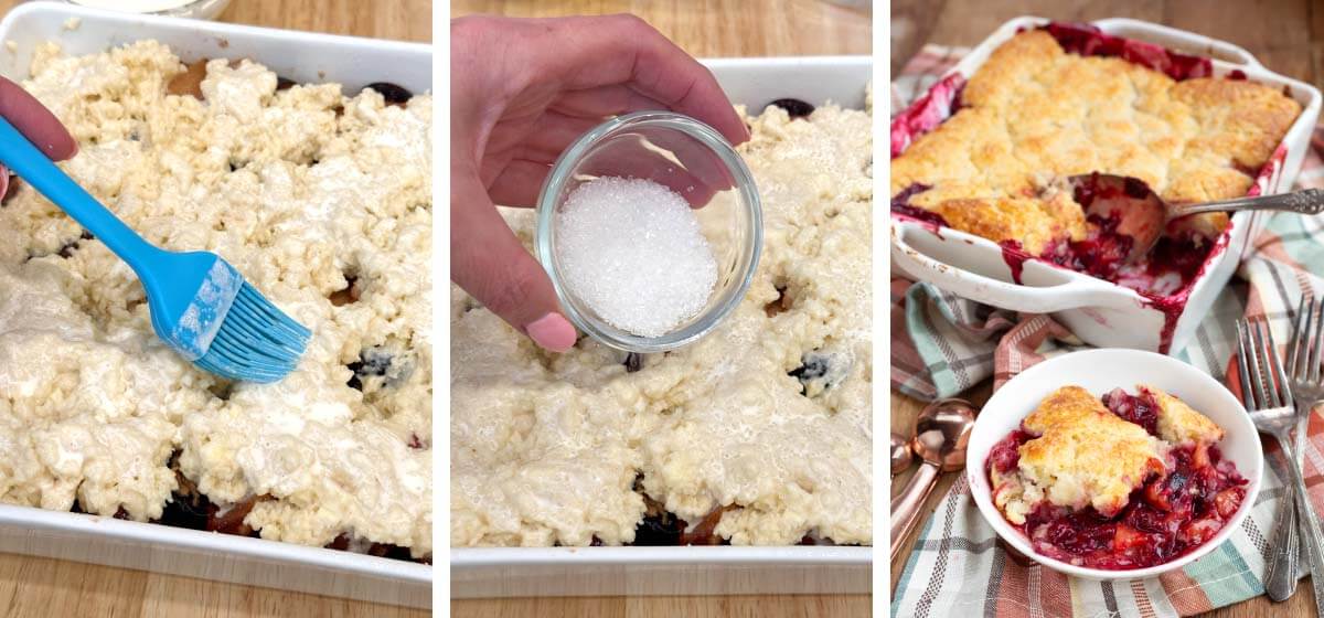 brushing buttermilk over biscuit topping dough, hand holding dish of coarse sugar above dough, finished hero of cobbler baked and served