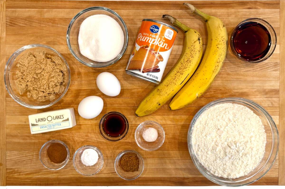 pumpkin banana bread ingredients shot