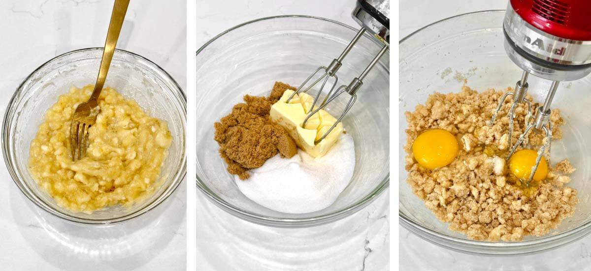 mash the bananas, cream butter and sugars, mix in eggs