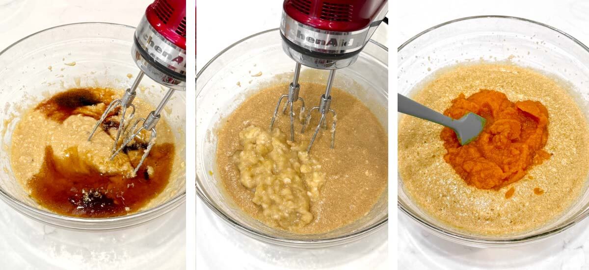 Adding the maple syrup and vanilla, mashed bananas added, pumpkin puree added