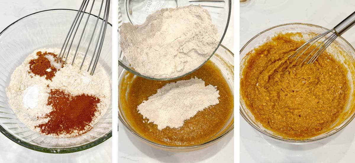mixing dry ingredients in bowl with whisk, adding dry ingredients to the wet, batter mixed in bowl