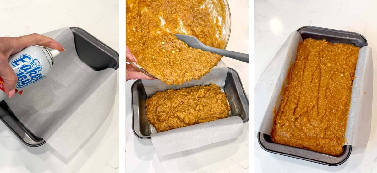 spraying loaf pan, adding batter to pan, batter added to pan before baking