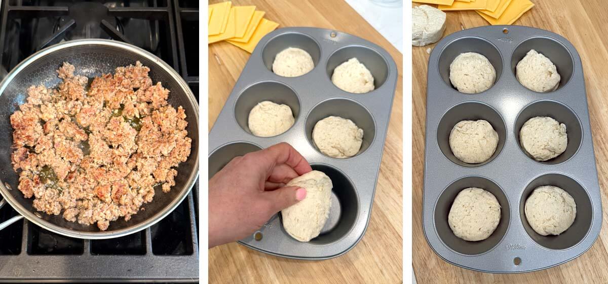 browning sausage, adding half of a biscuit in muffin pan, muffin pan filled with half biscuits