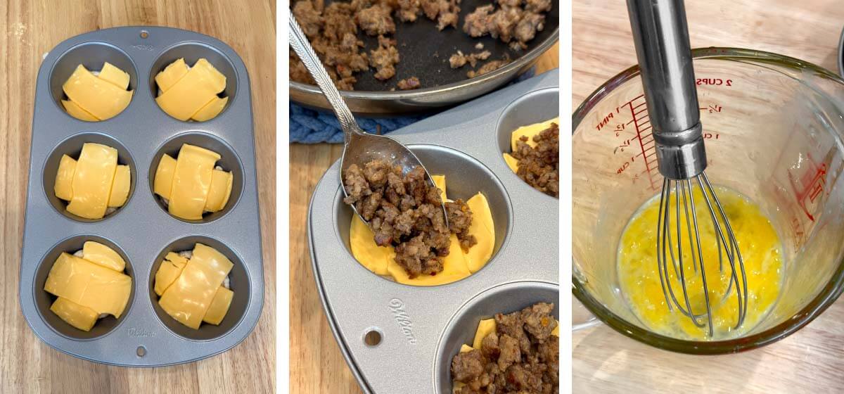 cheese added to muffin pan, spooning sausage onto cheese, whisking an egg