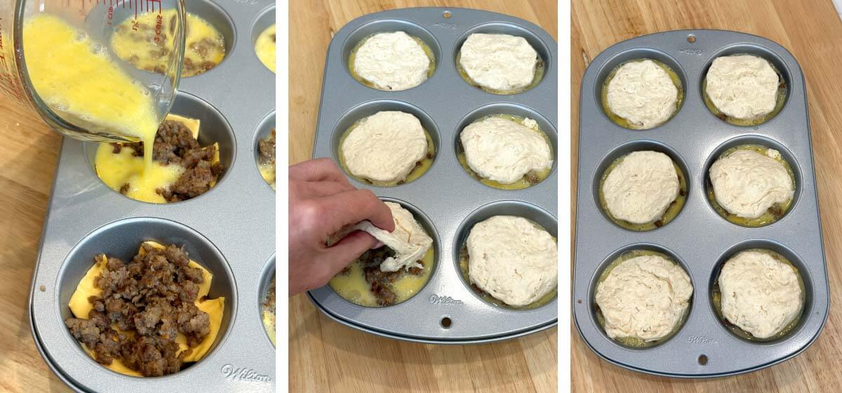 pouring egg onto sausage, placing other half biscuit on top, muffin pan with biscuits tops on before baking